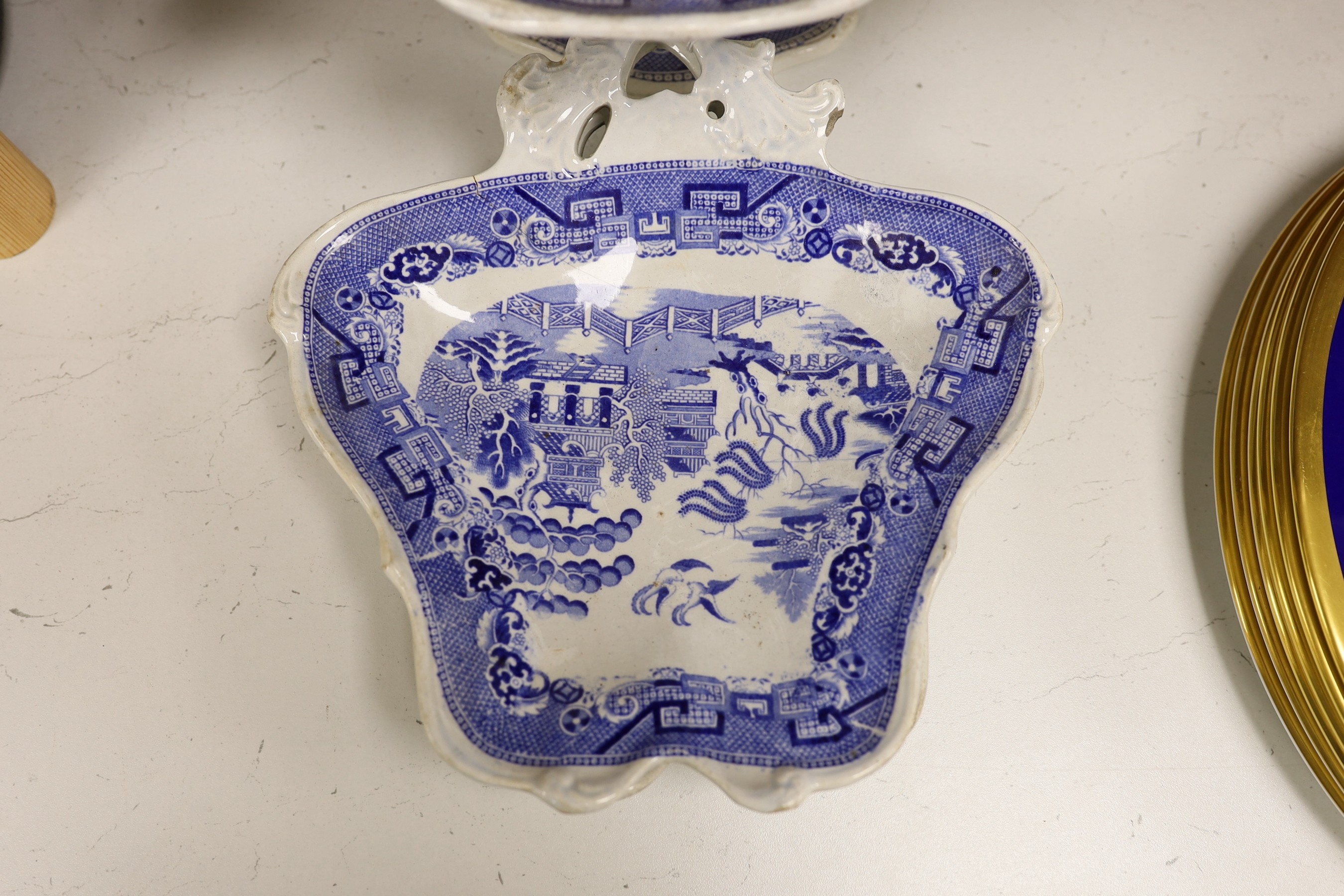 An early 19th century pearlware part dessert set - comport and three shaped dishes, comport 36cms wide